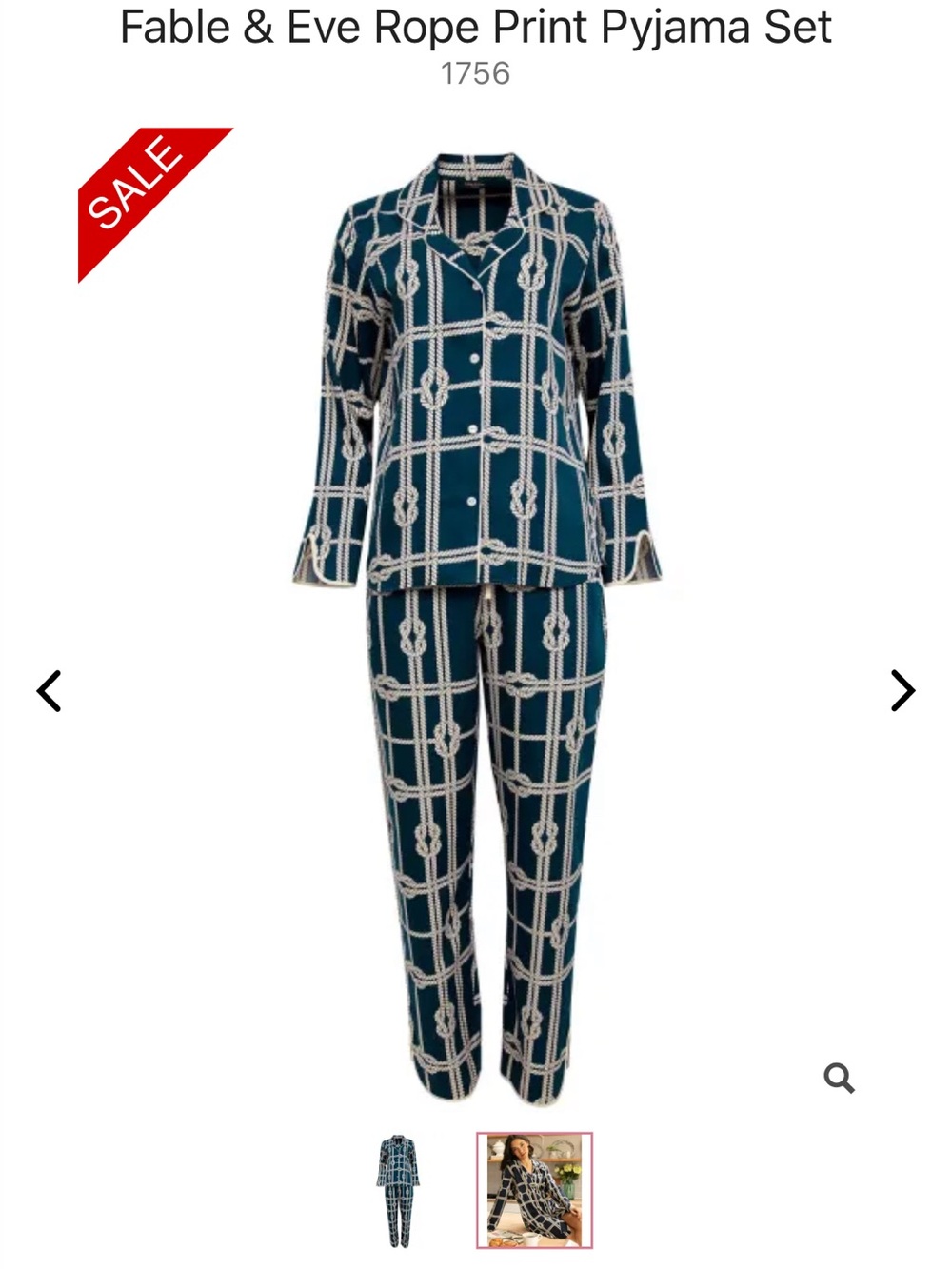 Fable and Eve UK brand, Navy Rope Print Pajama Set, button down, FITS like a 2!
